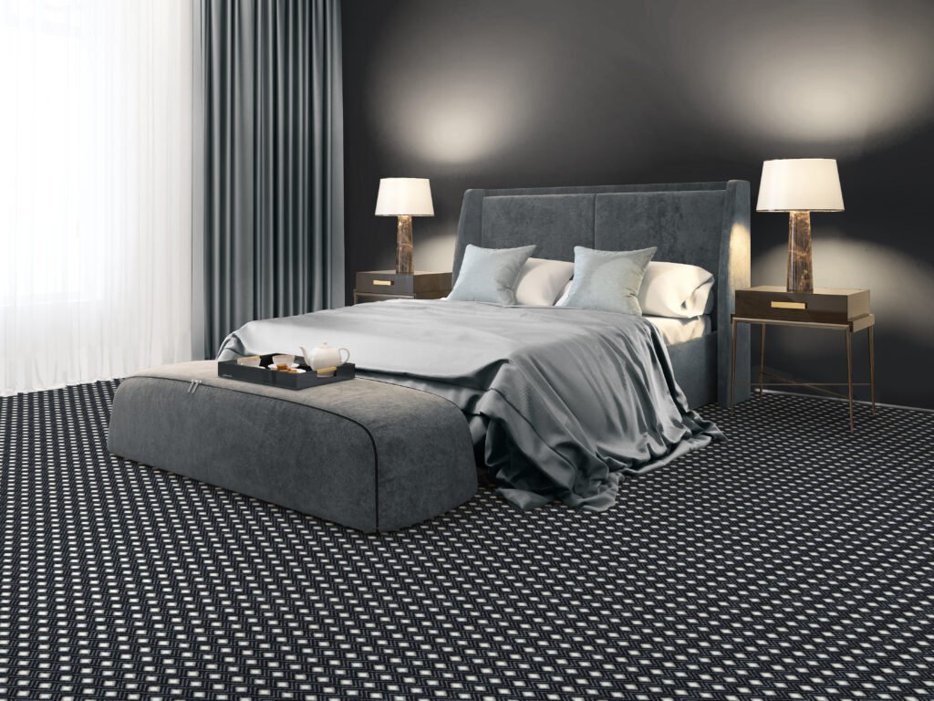 Modern velvet bedroom with carpet and wood floor